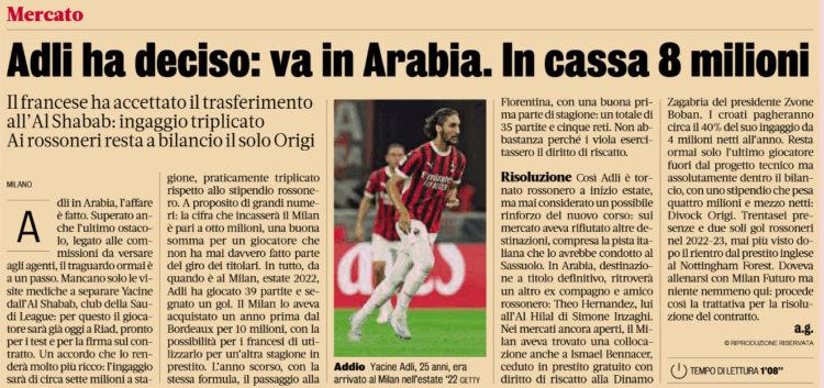 Gazzetta: Yacine Adli to Saudi Arabia as Milan is set to receive €8 million