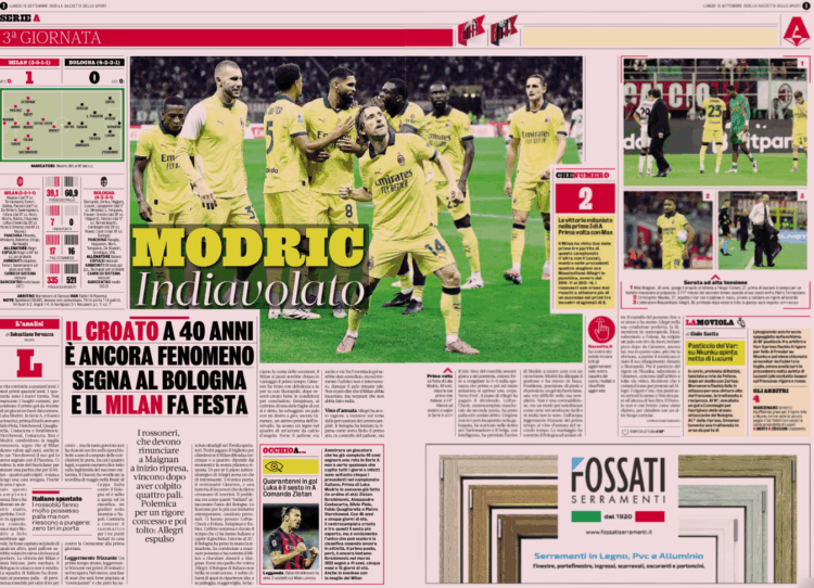 Gazzetta: Modric on fire and Milan celebrates vs Bologna