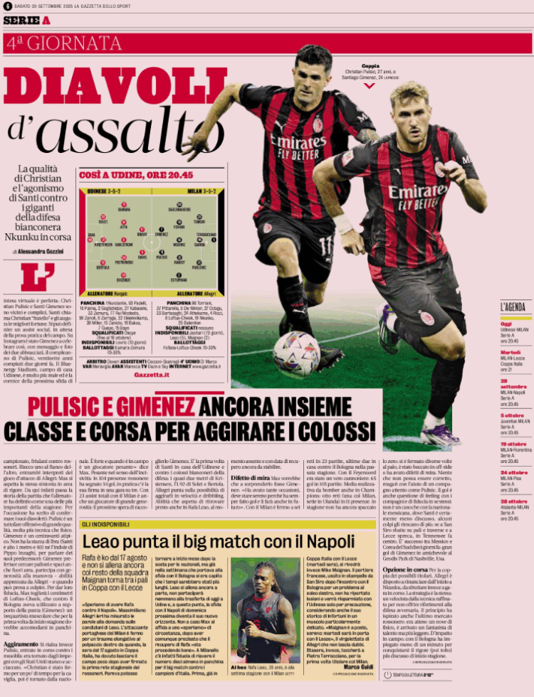 Gazzetta: Pulisic and Gimenez together again – Skill and pace to get around the giants
