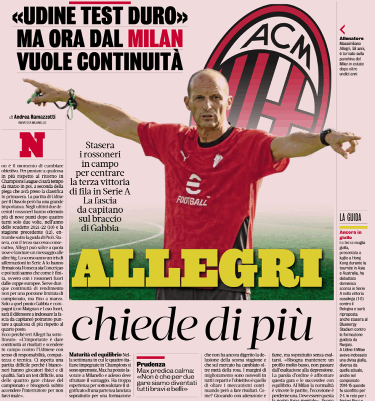 Gazzetta: Milan coach Allegri asks for more in view of Udinese game