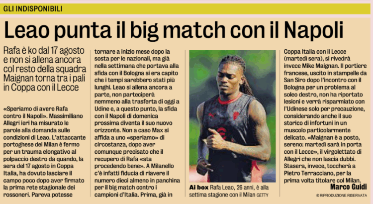 Gazzetta: Leao targets the big match against Napoli.
