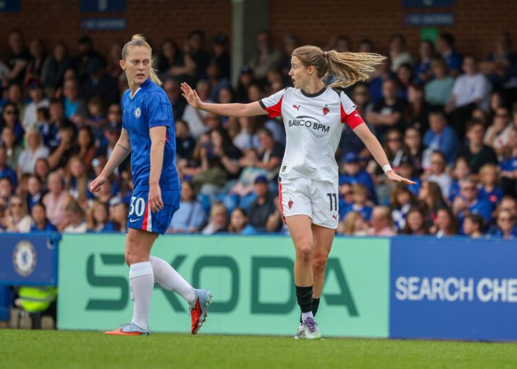Christy Grimshaw of AC Milan Women reacts against Keira Walsh of Chelsea during the pre-season friendly match between Chelsea Women and AC Milan Women at Kingsmeadow on August 29, 2025 in Kingston upon Thames, England. (Photo by Sara Cavallini/AC Milan via Getty Images)