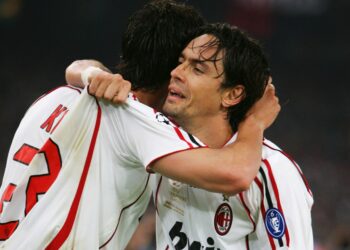 Filippo Inzaghi and Kakà of AC Milan