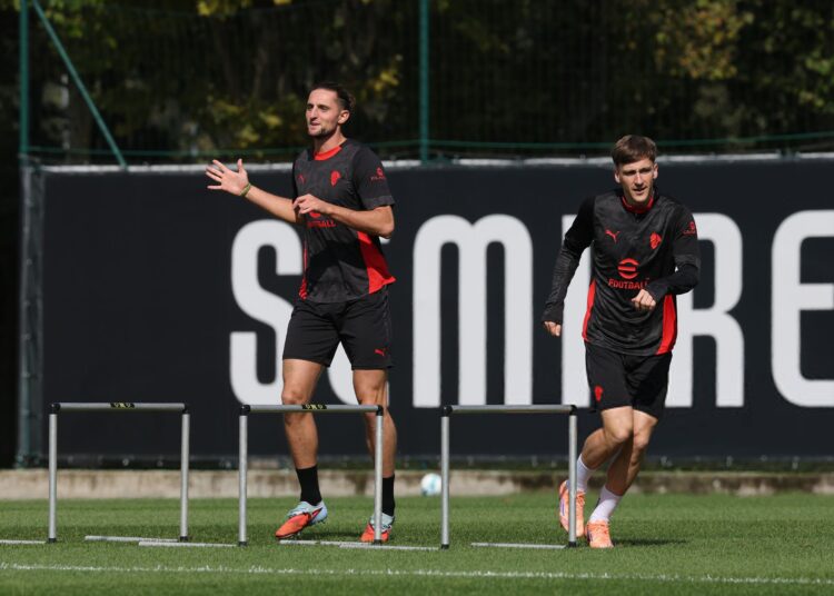 Alexis Saelemaekers and Adrien Rabiot of AC Milan ميلان رابيو ساليماكرز