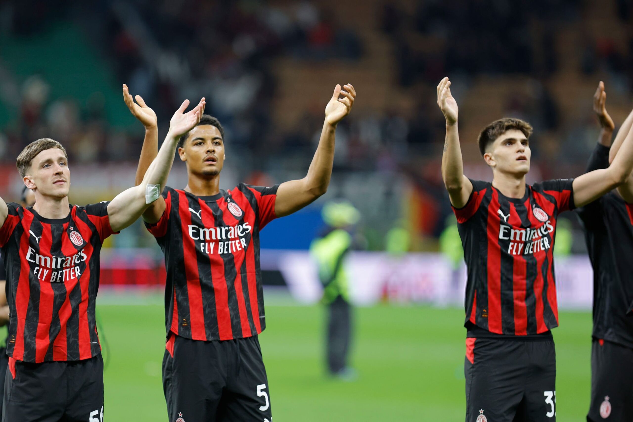 Koni De Winter, Alexis Saelemaekers and Davide Bartesaghi of AC Milan ميلان بارتيساغي دي وينتر ساليماكرز