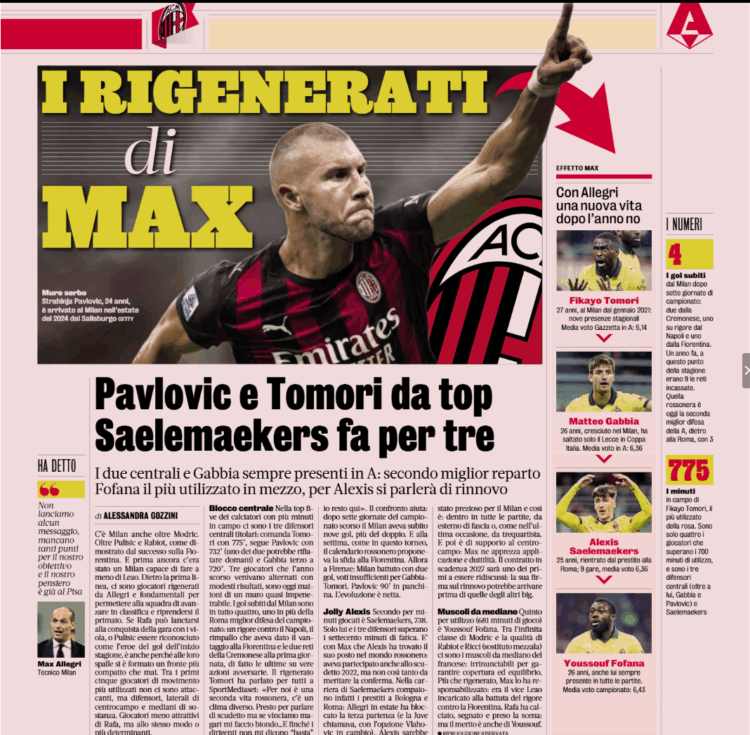 Gazzetta: Allegri’s regenerated Milan players: Pavlovic and Tomori among the best. Saelemaekers does the work of three