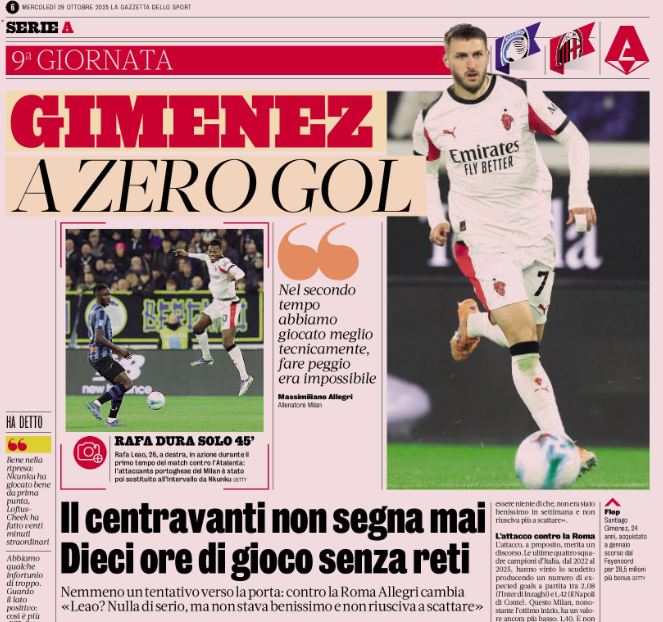 Gazzetta: Santiago Gimenez never scores. Ten hours of play without a goal
