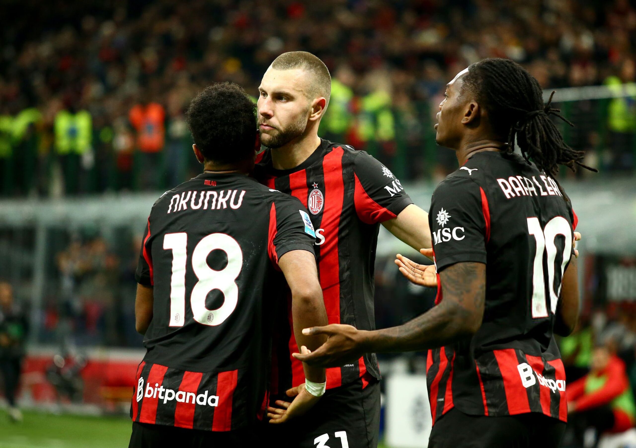 Strahinja Pavlovic Christopher Nkunku and Rafael Leao of AC Milan ميلان نكونكو بافلوفيتش لياو