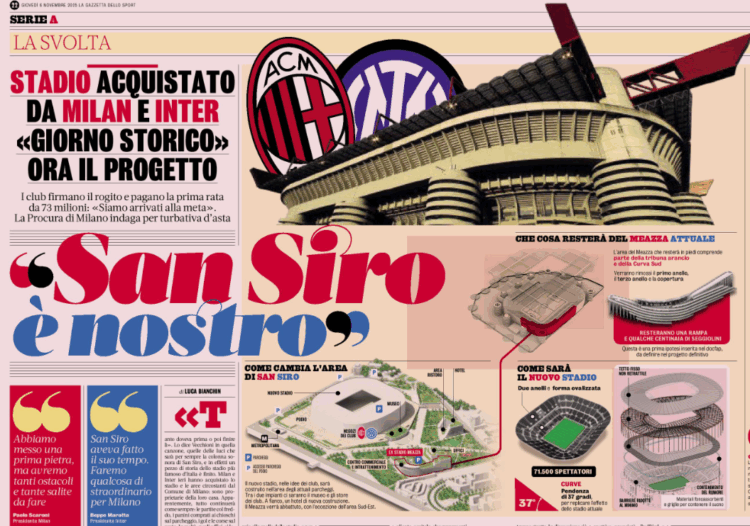 Gazzetta: Stadium purchased by Milan and Inter – Now comes the project
