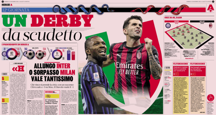 غازيتا: سحر الدربي – إنتر يبحث عن تمديد صدارته و ميلان يريد افتكاكها