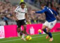 Samuel Chukwueze #19 of Fulham FC is challenged by Everton FC #16 Vitaliy Mykolenko during the Premier League match between Everton and Fulham at Hill Dickinson Stadium in Liverpool, England, on November 8, 2025. (Photo by Mike Morese/MI News/NurPhoto via Getty Images)