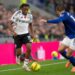 Samuel Chukwueze #19 of Fulham FC is challenged by Everton FC #16 Vitaliy Mykolenko during the Premier League match between Everton and Fulham at Hill Dickinson Stadium in Liverpool, England, on November 8, 2025. (Photo by Mike Morese/MI News/NurPhoto via Getty Images)