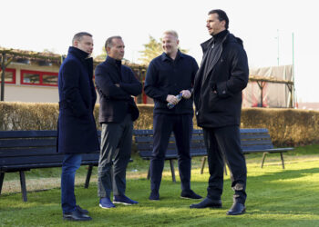 Igli Tare, Gerry Cardinale, Zlatan Ibrahimovic and Giorgio Furlani of AC Milan