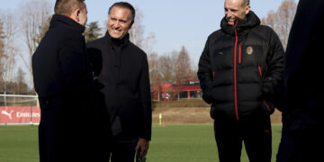Massimiliano Allegri and Gerry Cardinale with Giorgio Furlani