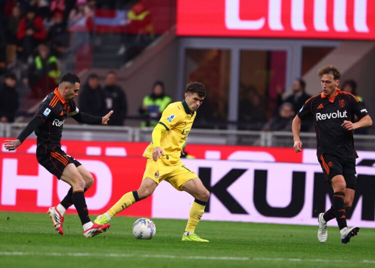 Christian Pulisic of AC Milan competes for the ball during the Serie A match between AC Milan and Como 1907 at Giuseppe Meazza Stadium on February 18, 2026 in Milan, Italy. (Photo by Giuseppe Cottini/AC Milan via Getty Images)