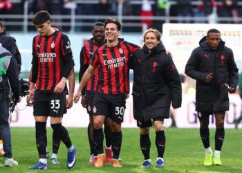 Ardon Jashari and Luka Modric of AC Milan celebrate the victory after the Serie A match between AC Milan and Hellas Verona FC at Giuseppe Meazza Stadium on December 28, 2025 in Milan, Italy. (Photo by Giuseppe Cottini/AC Milan via Getty Images)