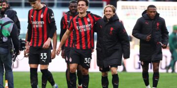 Ardon Jashari and Luka Modric of AC Milan celebrate the victory after the Serie A match between AC Milan and Hellas Verona FC at Giuseppe Meazza Stadium on December 28, 2025 in Milan, Italy. (Photo by Giuseppe Cottini/AC Milan via Getty Images)