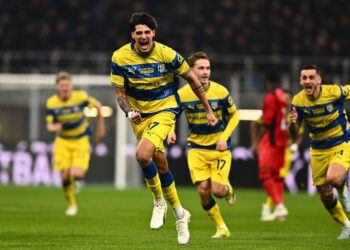 Mariano Troilo of Parma celebrates goal vs AC Milan