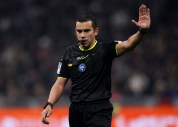 The referee Marco Piccinini gestures during the Serie A football match between AC Milan and Parma Calcio. Parma Calcio won 1-0 over AC Milan. (Photo by Nicolò Campo/LightRocket via Getty Images)
