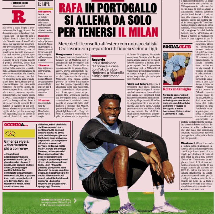 Gazzetta: Leao following a personalized recovery program in Portugal