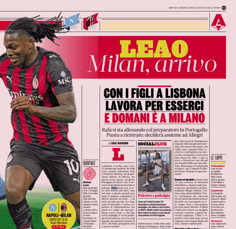 Gazzetta: Leao works to be ready – In Milano tomorrow