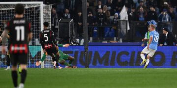 Lazio's Gustav Isaksen scores against AC Milan