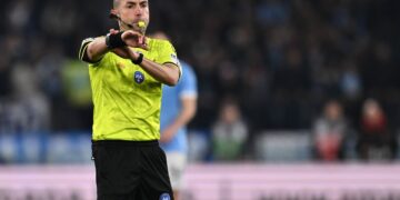 Referee Marco Guida in the 29th matchday of the Serie A championship between S.S. Lazio and A.C. Milan at the Olympic Stadium in Rome, Italy, on March 15, 2026. (Photo by Domenico Cippitelli/NurPhoto via Getty Images)