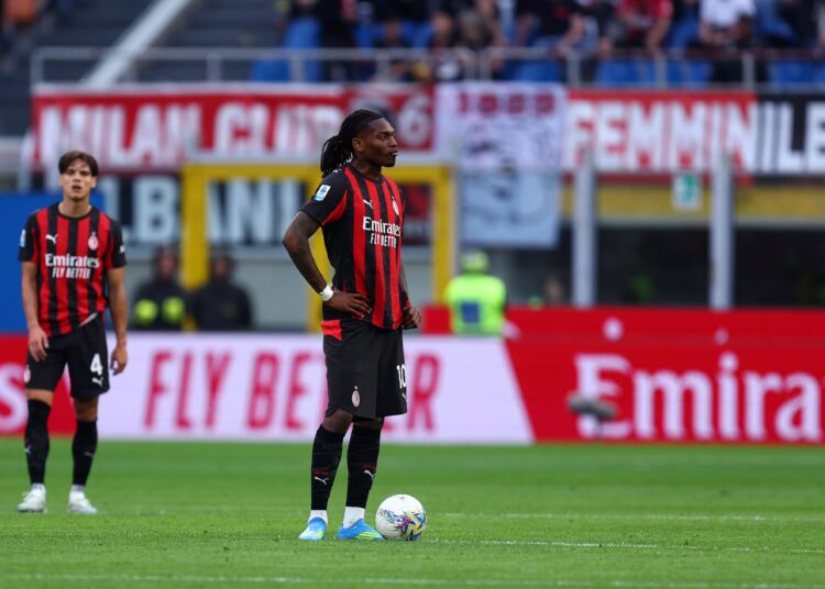 Rafael Leao of Ac Milan looks dejected during the Serie A match between AC Milan and Udinese Calcio at Stadio Giuseppe Meazza (San Siro) on April 11, 2026 in Milan Italy. (Photo by sportinfoto/DeFodi Images/DeFodi via Getty Images)