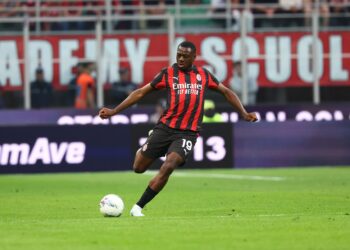 Youssouf Fofana of AC Milan kicks the ball during the Serie A match between AC Milan and Udinese Calcio at Giuseppe Meazza Stadium on April 11, 2026 in Milan, Italy. (Photo by Giuseppe Cottini/AC Milan via Getty Images)