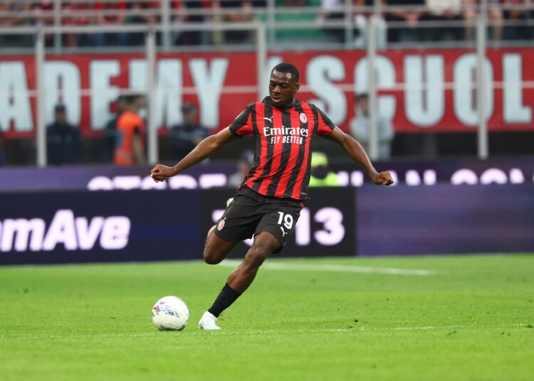 Youssouf Fofana of AC Milan kicks the ball during the Serie A match between AC Milan and Udinese Calcio at Giuseppe Meazza Stadium on April 11, 2026 in Milan, Italy. (Photo by Giuseppe Cottini/AC Milan via Getty Images)