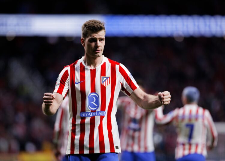 Alexander Sorloth of Atletico de Madrid celebrates a goal during the UEFA Champions League 2025/26 Knockout Play-off second leg match between Atletico de Madrid and Club Brugge at Riyadh Air Metropolitano Stadium in Madrid, Spain, on February 24. (Photo by Guille Martinez/f22photo/NurPhoto via Getty Images) (Photo by Guillermo Martinez/NurPhoto via Getty Images)