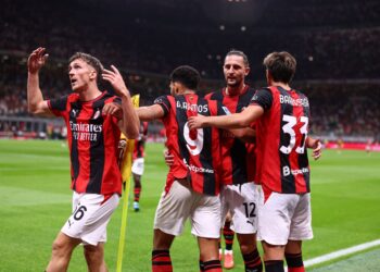 Alexis Saelemaekers, Gonçalo Ramos, Adrien Rabiot and Davide Bartesaghi of AC Milan