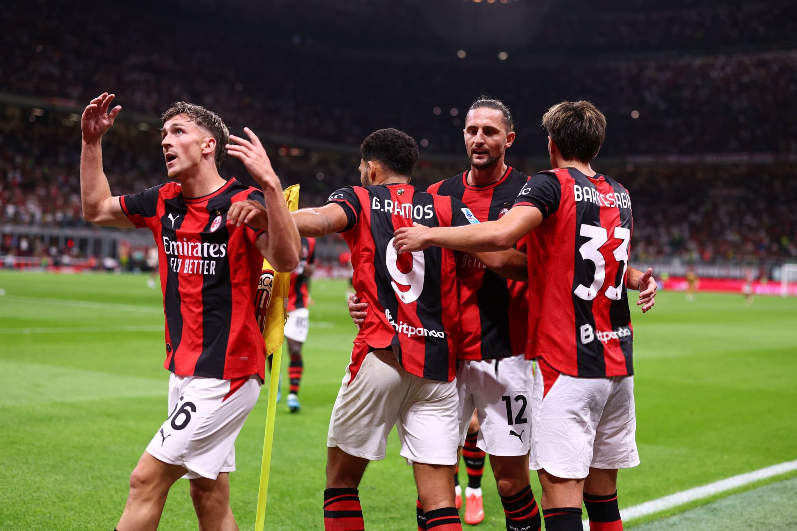 Alexis Saelemaekers, Gonçalo Ramos, Adrien Rabiot and Davide Bartesaghi of AC Milan