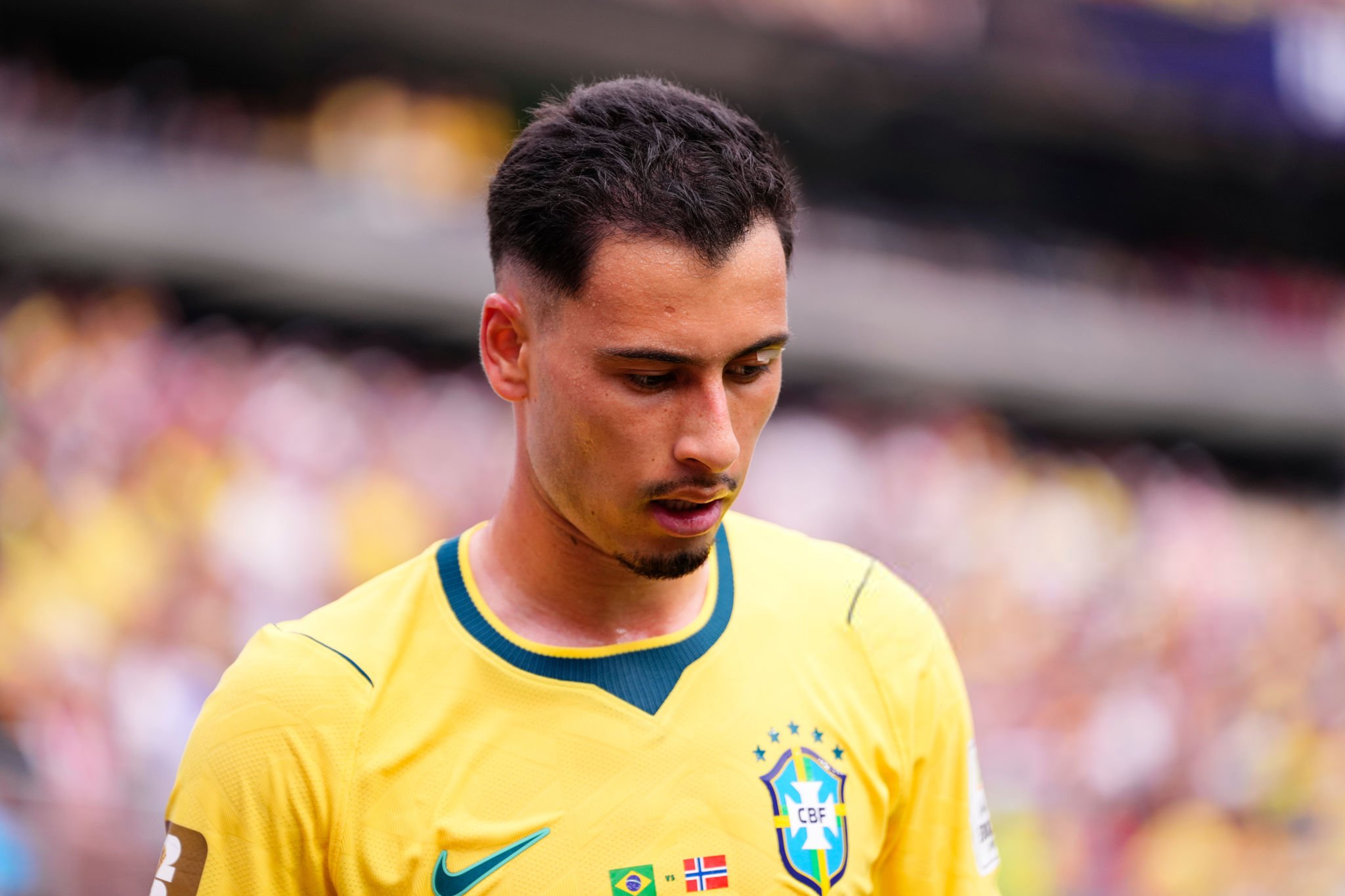 Gabriel Martinelli of Brazil looks on during the FIFA World Cup 2026 Round Of 16 match between Brazil and Norway at New York New Jersey Stadium on July 05, 2026 in East Rutherford, New Jersey. (Photo by Jose Breton/Pics Action/NurPhoto via Getty Images)