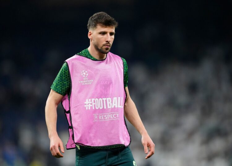 Ruben Dias centre-back of Manchester City and Portugal during the warm-up before the UEFA Champions League 2025/26 Round of 16 First Leg match between Real Madrid CF and Manchester City FC at Estadio Santiago Bernabeu on March 11, 2026 in Madrid, Spain. (Photo by Jose Breton/Pics Action/NurPhoto via Getty Images)