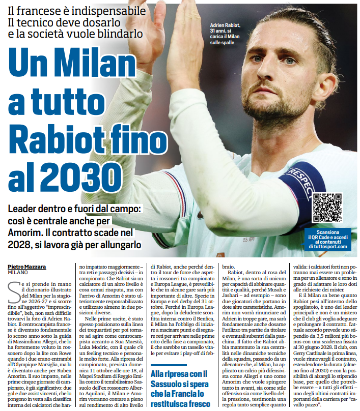 Tuttosport: Rabiot is indispensable – Milan all-in for the renewal