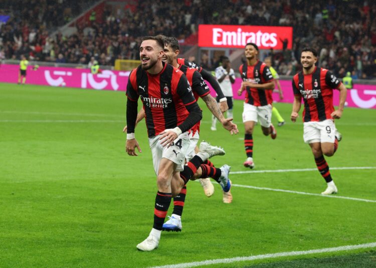 Mario Gila and teammates celebrate. AC Milan vs Atalanta