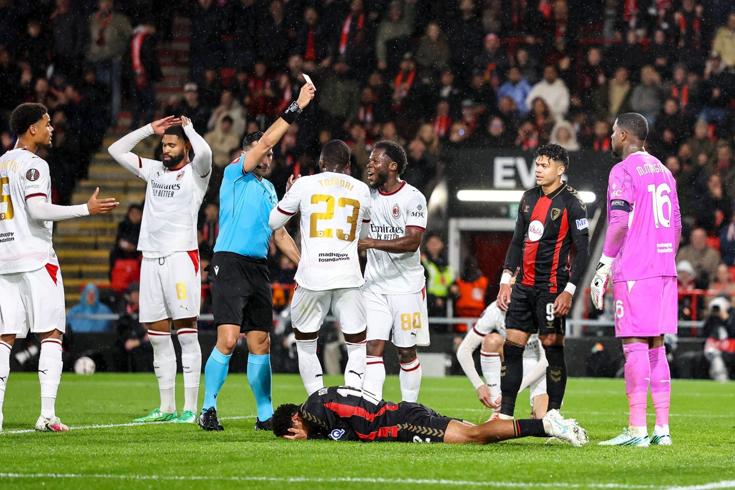 AC Milan's Mike Maignan receives a red card vs Bournemouth