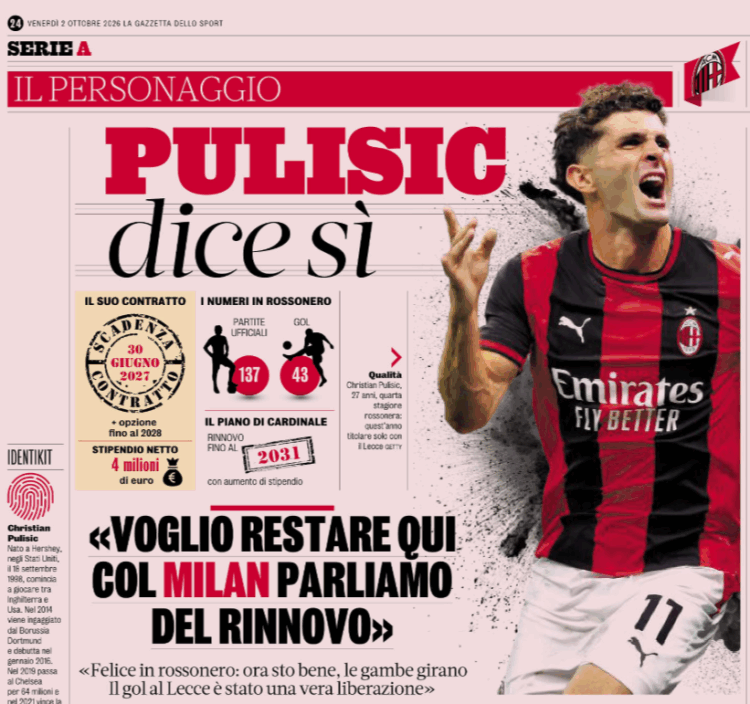 Gazzetta: Milan, Pulisic says yes – “I want to stay here”