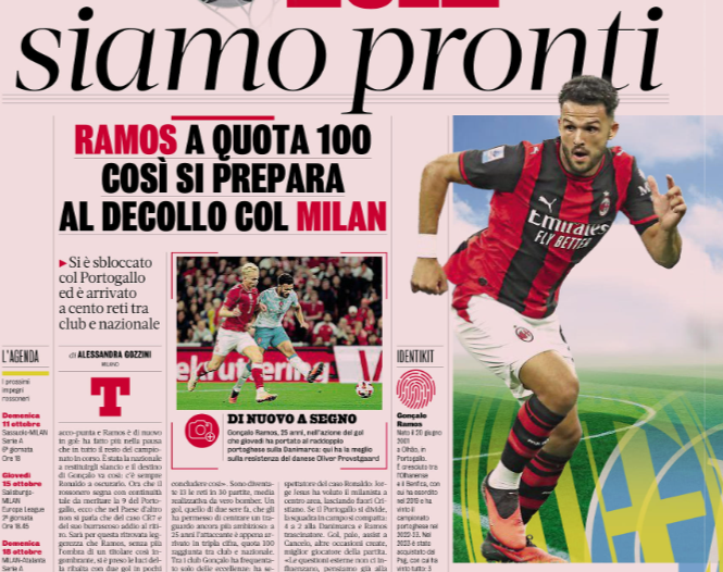 Gazzetta: Gonçalo Ramos reaches 100 as he prepares for take-off with AC Milan