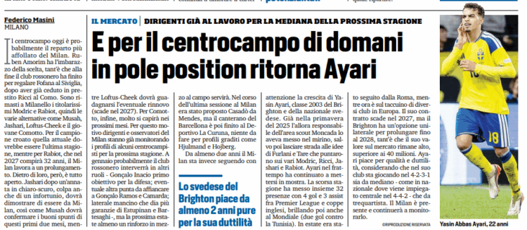 Tuttosport: Yasin Ayari back in pole position for Milan’s midfield plans