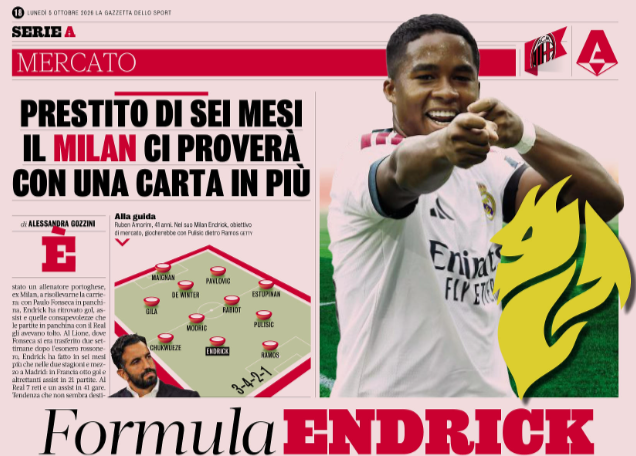Gazzetta: AC Milan target Endrick on six-month loan as Cardinale–Roc Nation ties could facilitate deal