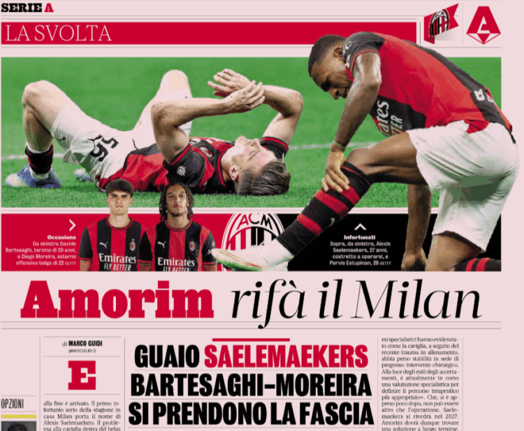 Gazzetta: Saelemaekers injured, Bartesaghi and Moreira ready to claim the flanks