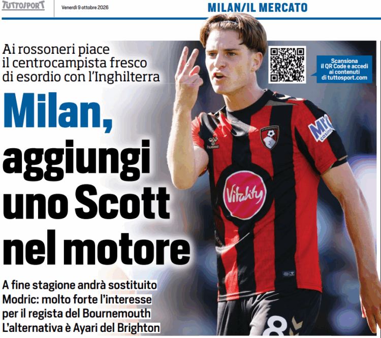 Tuttosport: AC Milan keen on Alex Scott, with Yasin Ayari seen as an alternative
