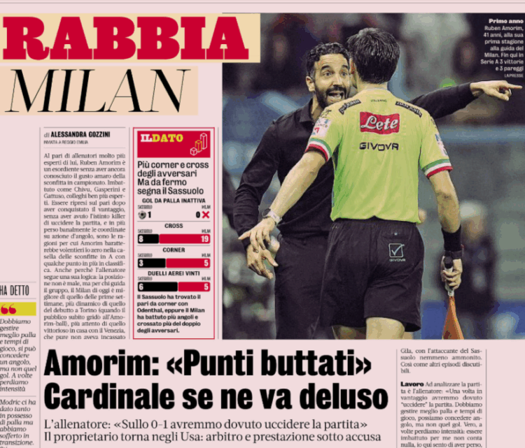 Gazzetta: AC Milan anger; Amorim: “Points thrown away” – Cardinale leaves disappointed