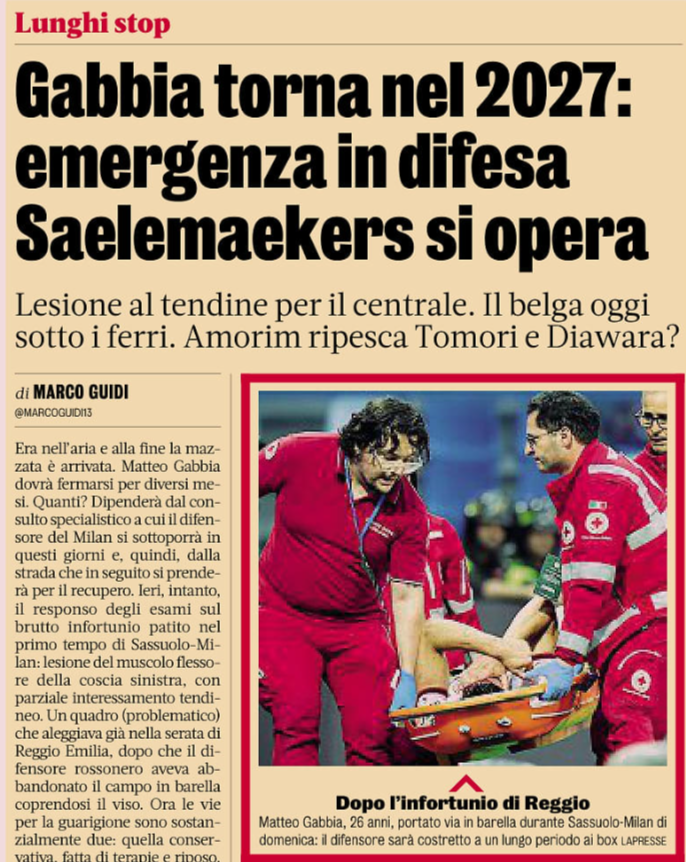Gazzetta: Gabbia to return in 2027: Milan’s defensive emergency – Saelemaekers to undergo surgery