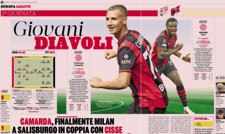 Gazzetta: AC Milan’s young devils: Camarda finally starts and partners Cisse in attack vs RB Salzburg