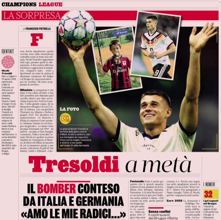 Gazzetta: Nicolò Tresoldi and the AC Milan dream, Champions League Hat-Trick and Italy-Germany Dilemma