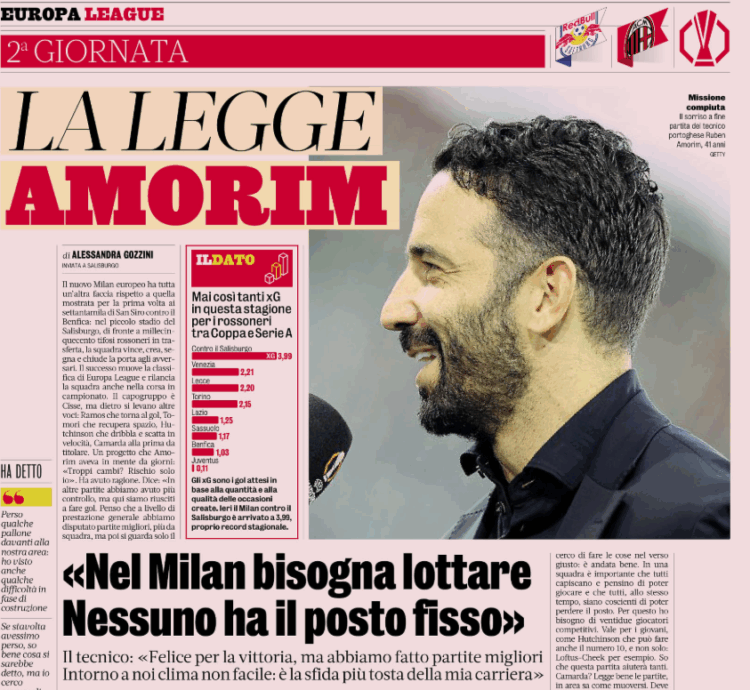 Gazzetta: Amorim’s AC Milan shine in Salzburg as squad rotation pays off