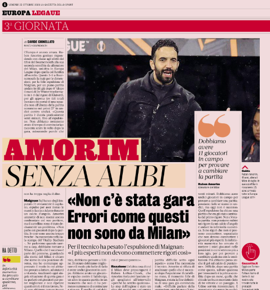 Gazzetta: Bournemouth 3 Milan 0 – Amorim without excuses